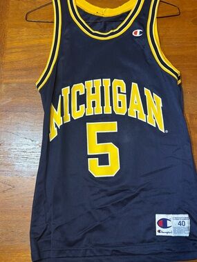 Vintage Champion Navy and Yellow Michigan #5 Basketball Jersey